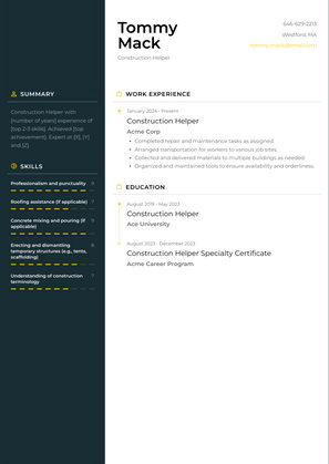 Construction Helper Resume Sample and Template