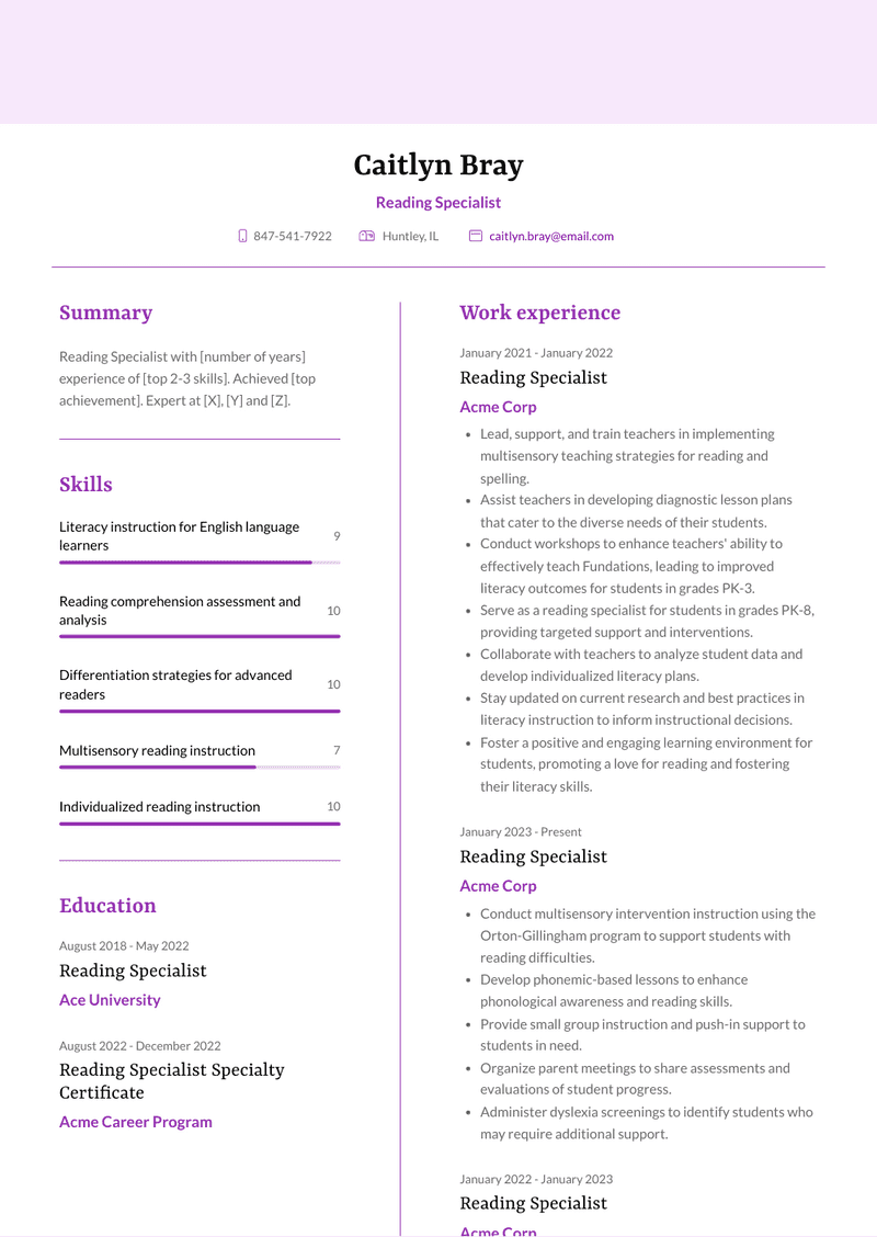 Reading Specialist Resume Sample and Template