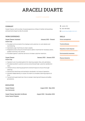 Carpet Cleaner Resume Sample and Template