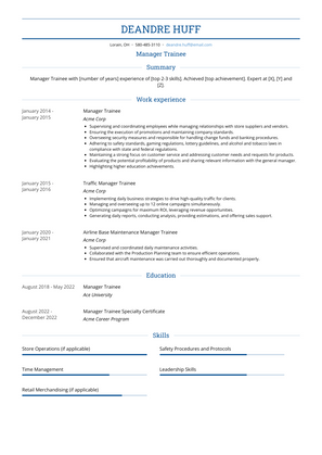 Manager Trainee Resume Sample and Template