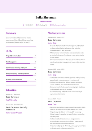 Lead Carpenter Resume Sample and Template