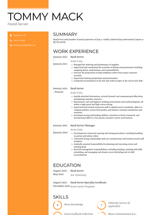 Head Server Resume Sample and Template