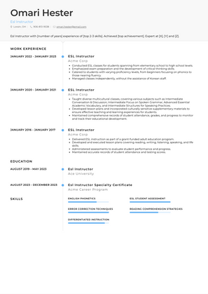 Esl Instructor Resume Sample and Template