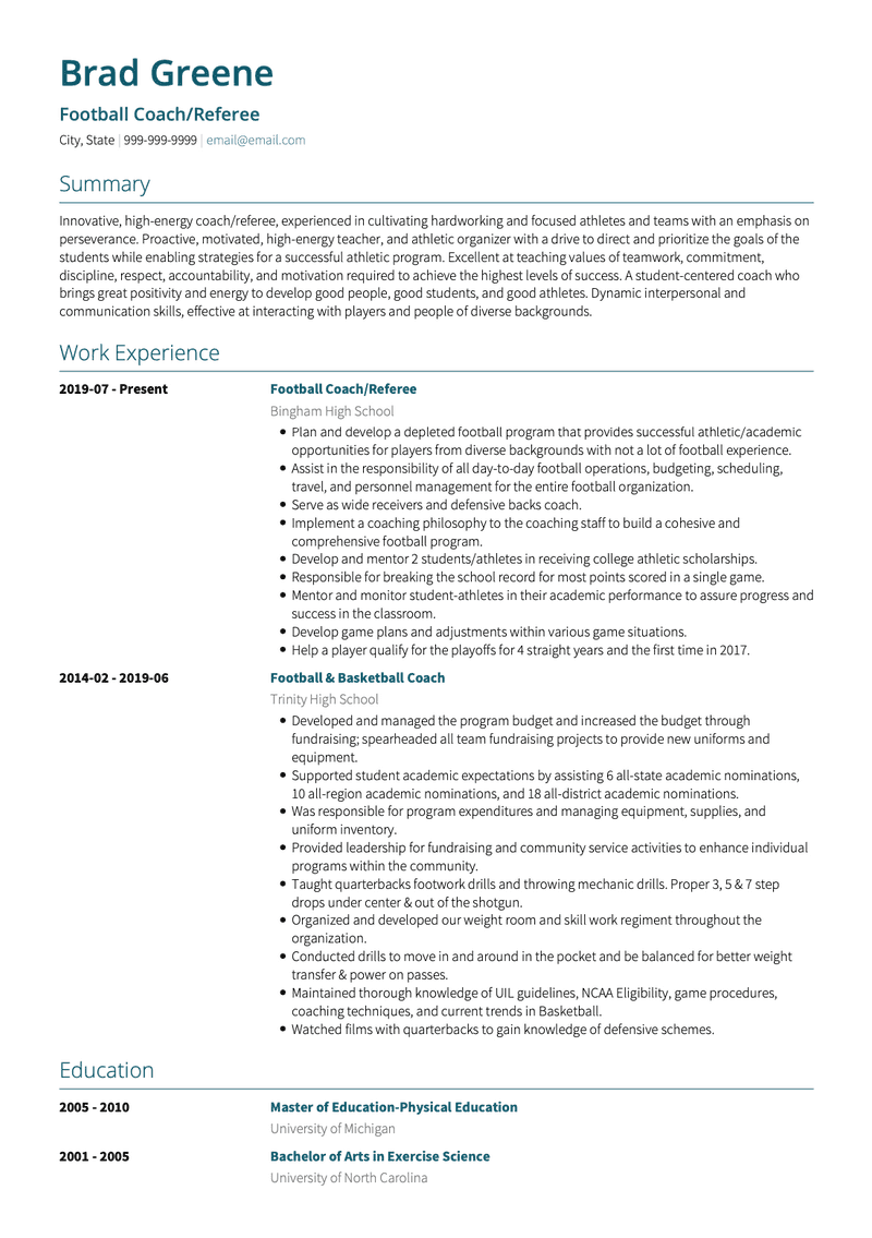 Referee and Coach CV Example and Template