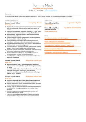 Unarmed Security Officer Resume Sample and Template
