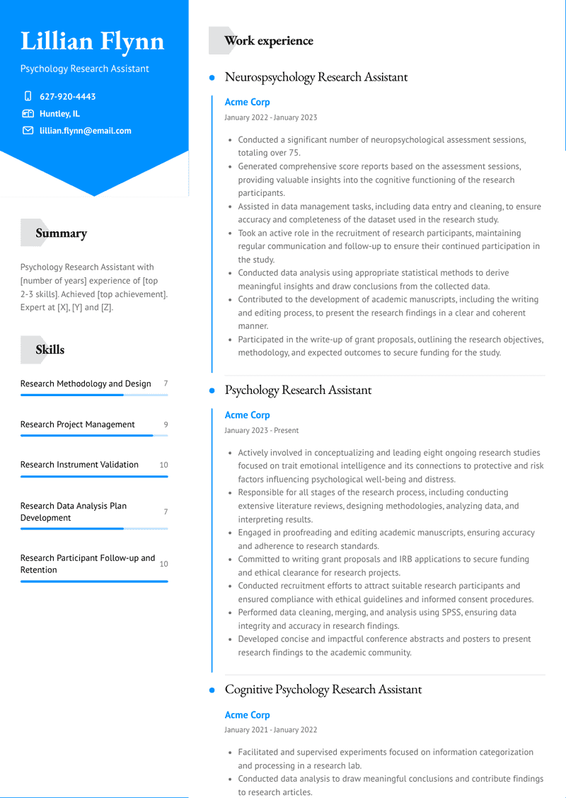 Psychology Research Assistant Resume Sample and Template