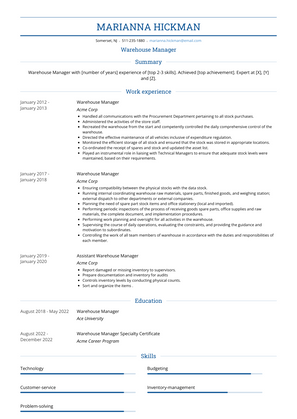 Warehouse Manager Resume Sample and Template