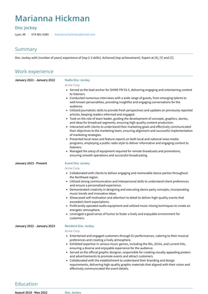 Disc Jockey Resume Sample and Template