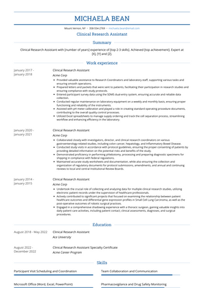 Clinical Research Assistant Resume Sample and Template