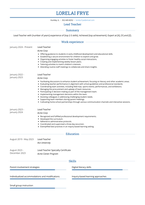 Lead Teacher Resume Sample and Template