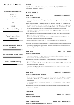 Project Superintendent Resume Sample and Template