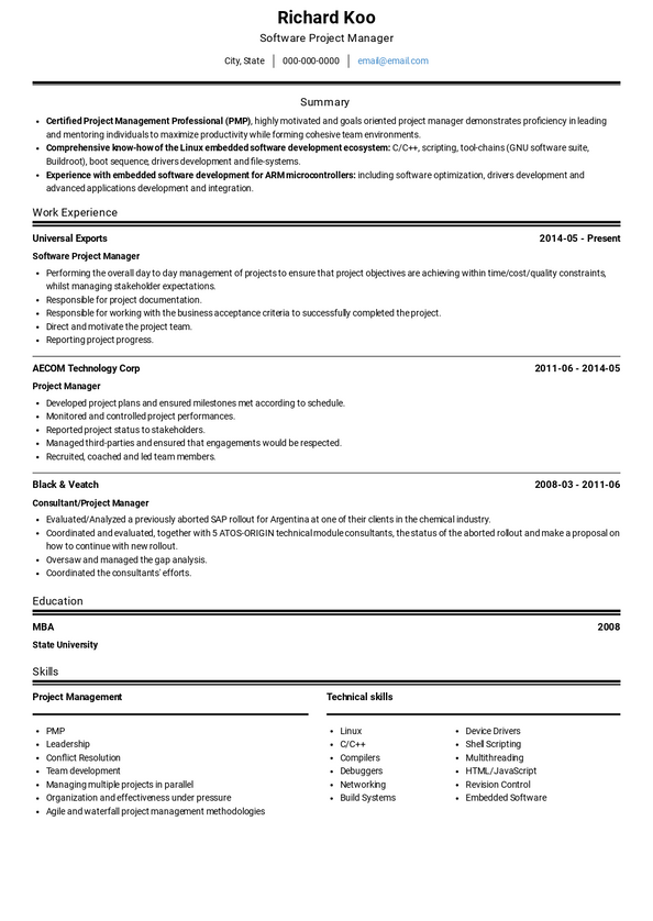 resume templates project manager