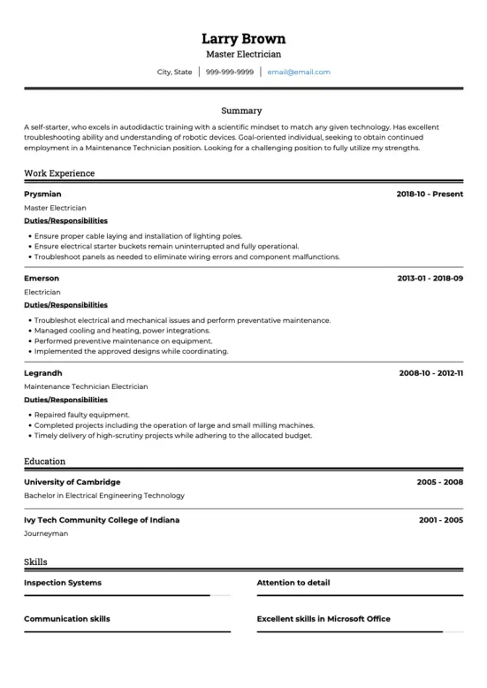 Electrician Resume Objective Examples
