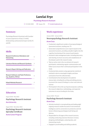 Psychology Research Assistant Resume Sample and Template