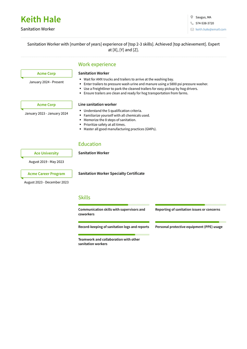 Sanitation Worker Resume Sample and Template