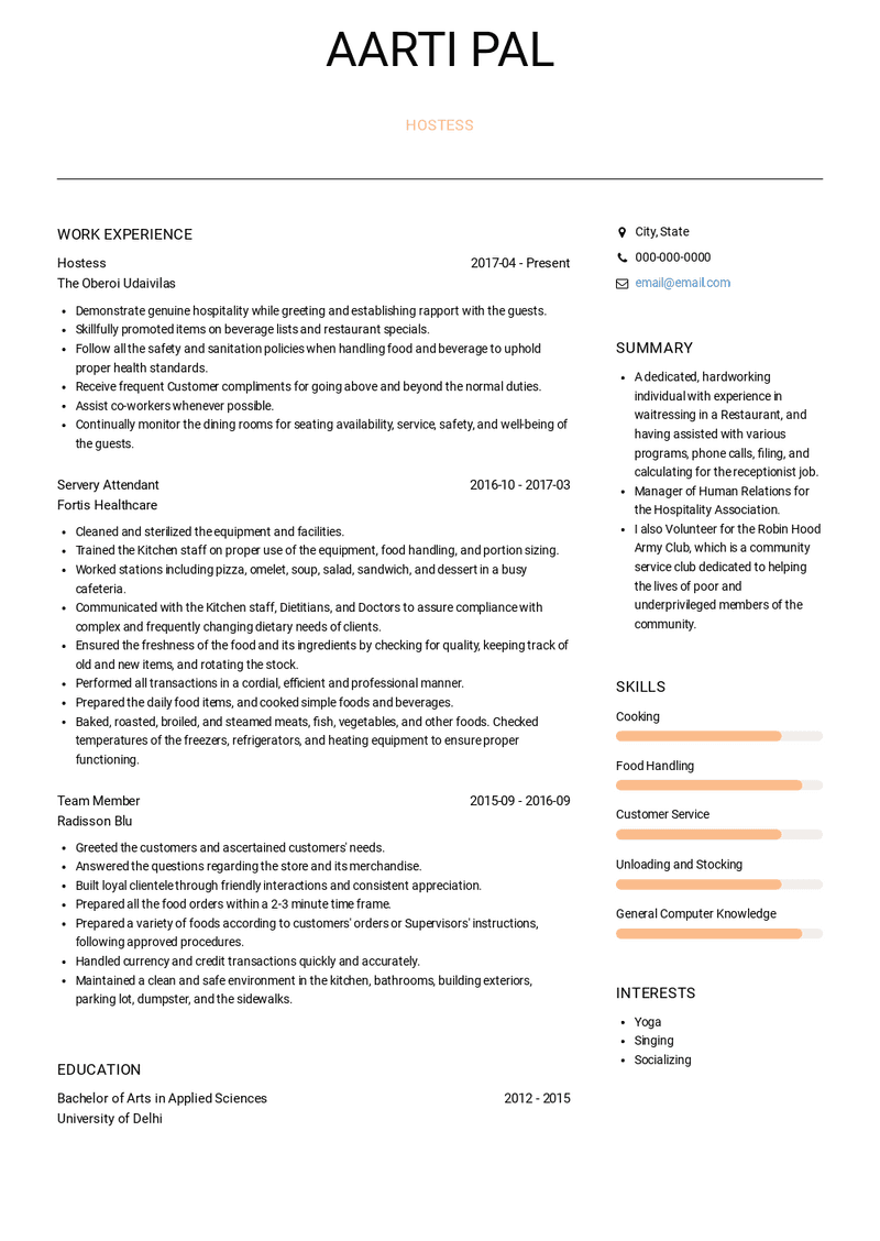 Hostess Resume Sample and Template