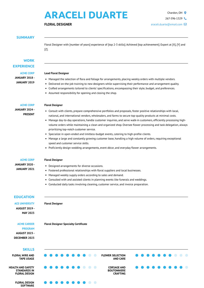 Floral Designer Resume Sample and Template