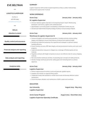 Logistics Supervisor Resume Sample and Template