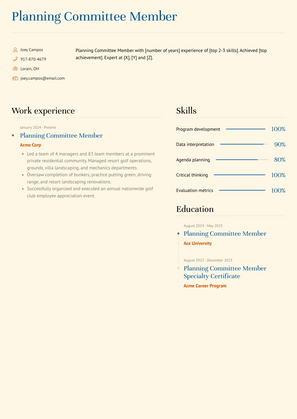 Planning Committee Member Resume Sample and Template