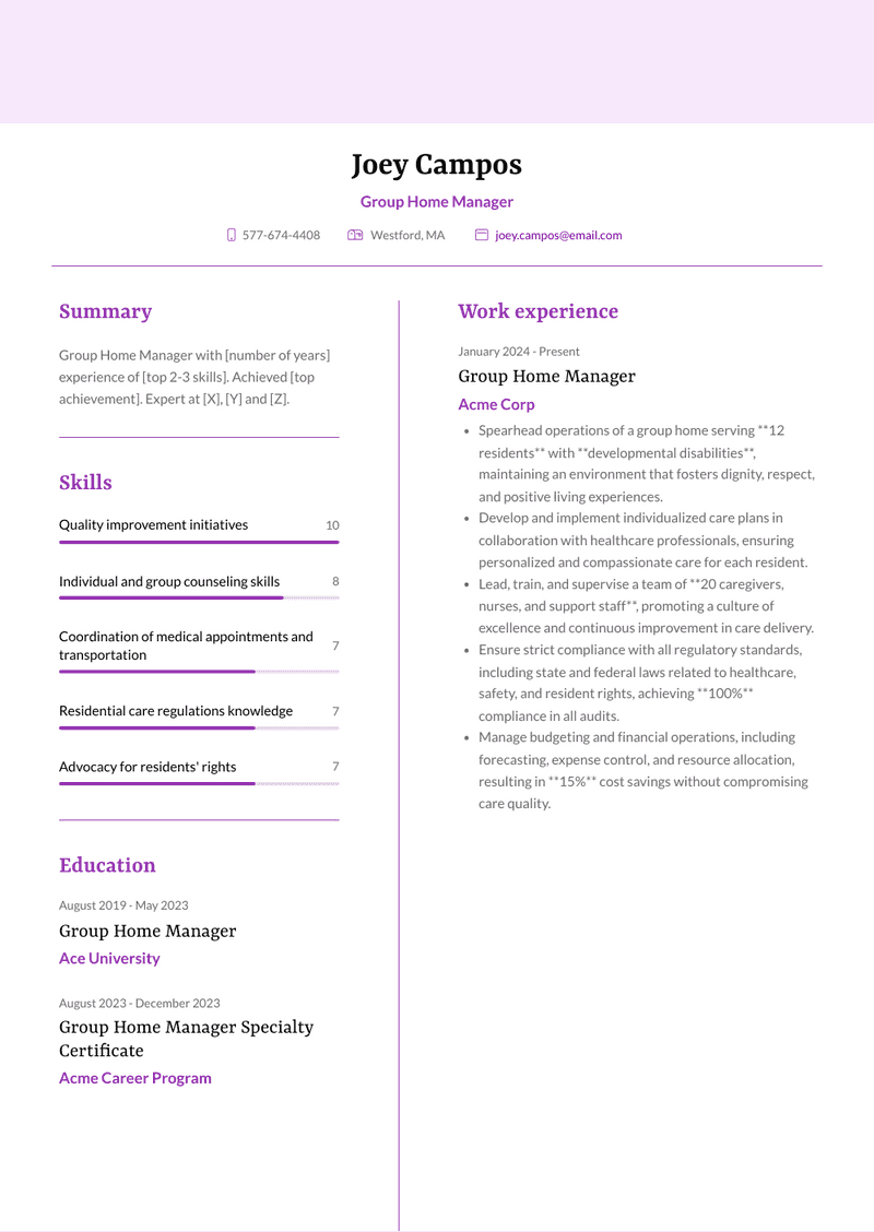 Group Home Manager Resume Sample and Template