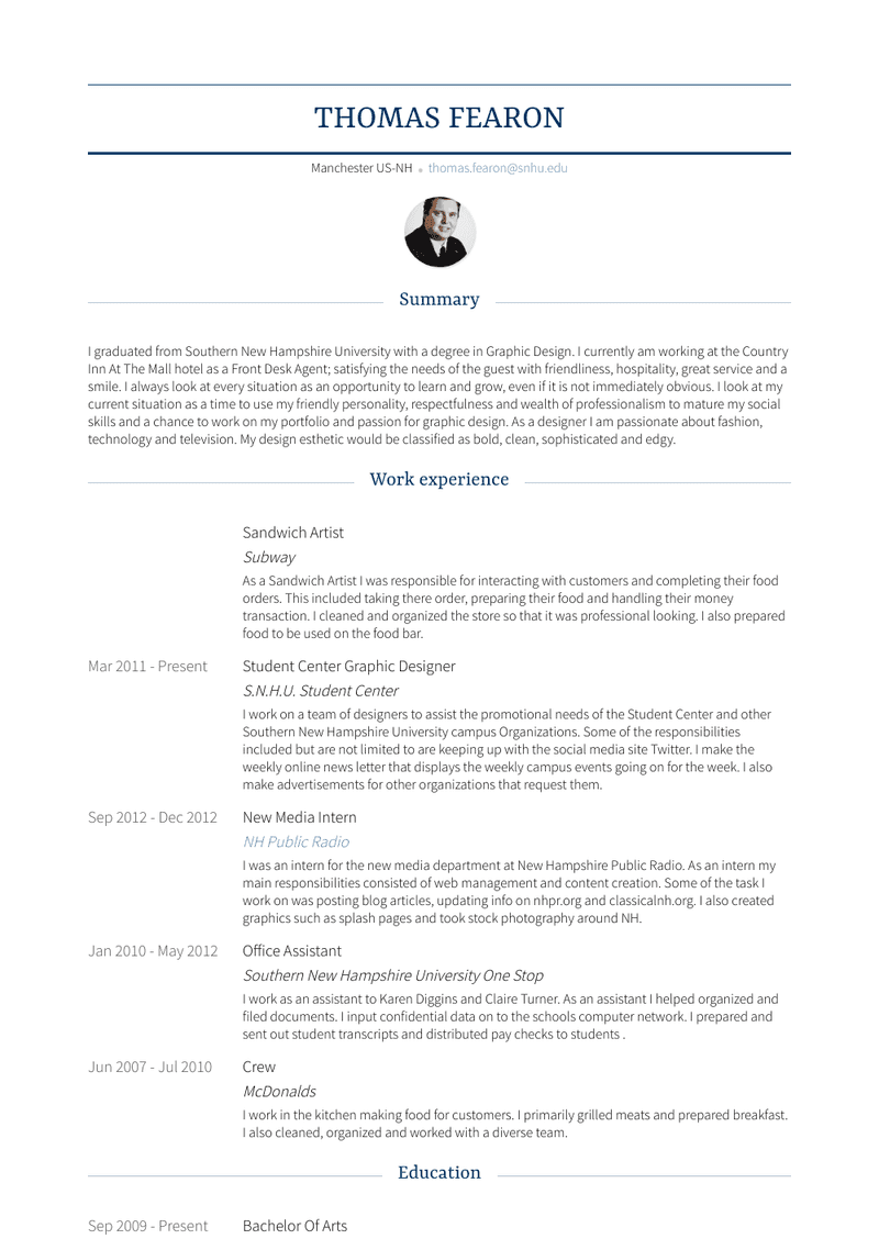 Sandwich Artist Resume Sample and Template