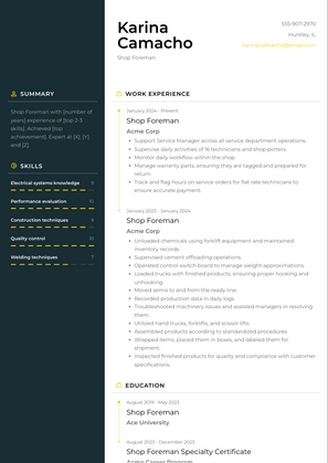 Shop Foreman Resume Sample and Template