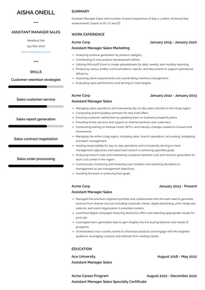 Assistant Manager Sales Resume Sample and Template
