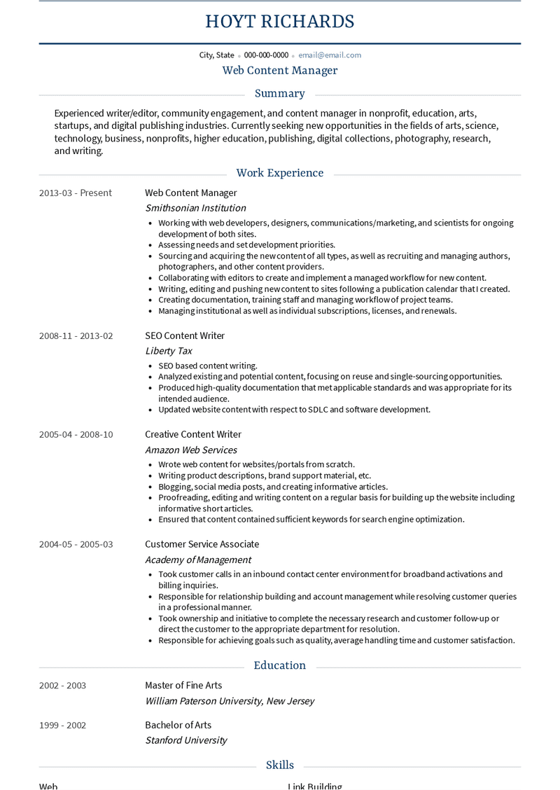 Web Content Manager Resume Sample and Template