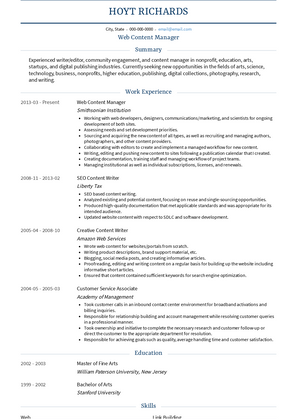 Web Content Manager Resume Sample and Template