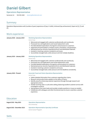 Operations Representative Resume Sample and Template