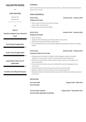 Care Provider Resume Sample and Template