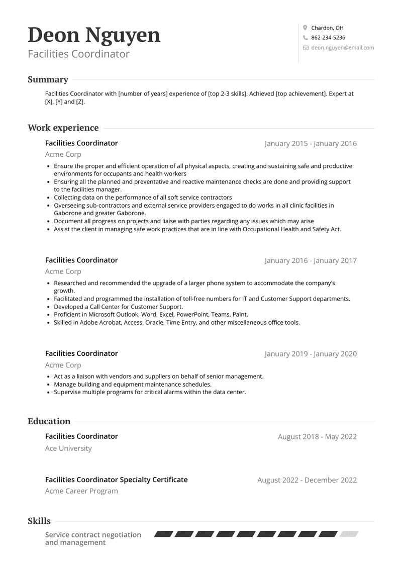 Facilities Coordinator Resume Sample and Template