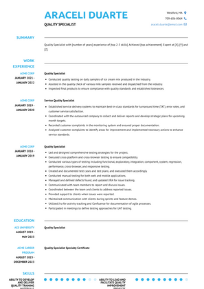Quality Specialist Resume Sample and Template