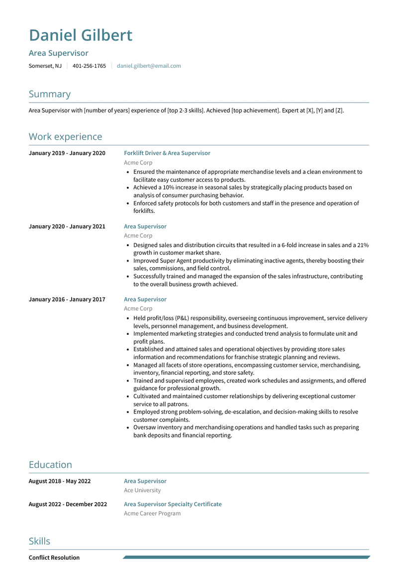 Area Supervisor Resume Sample and Template