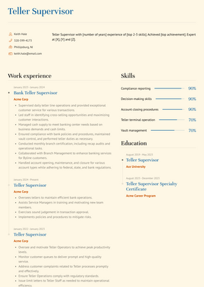 Teller Supervisor Resume Sample and Template