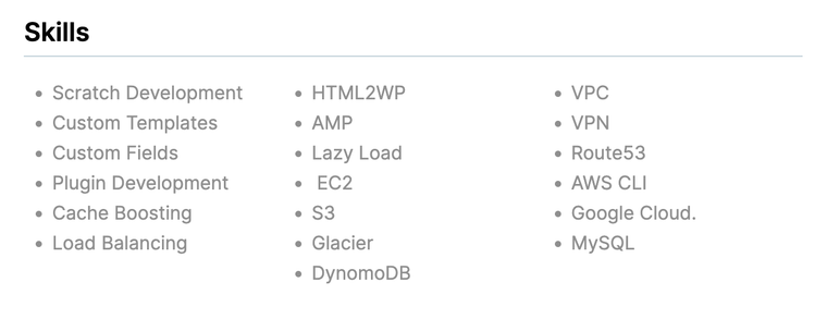WordPress Developer Resume Skills