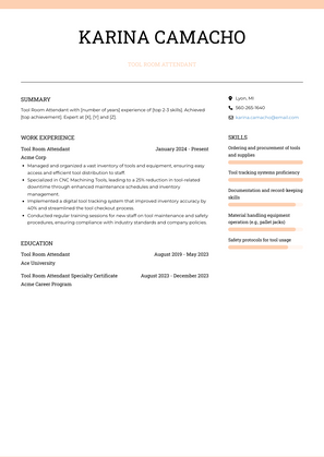 Tool Room Attendant Resume Sample and Template
