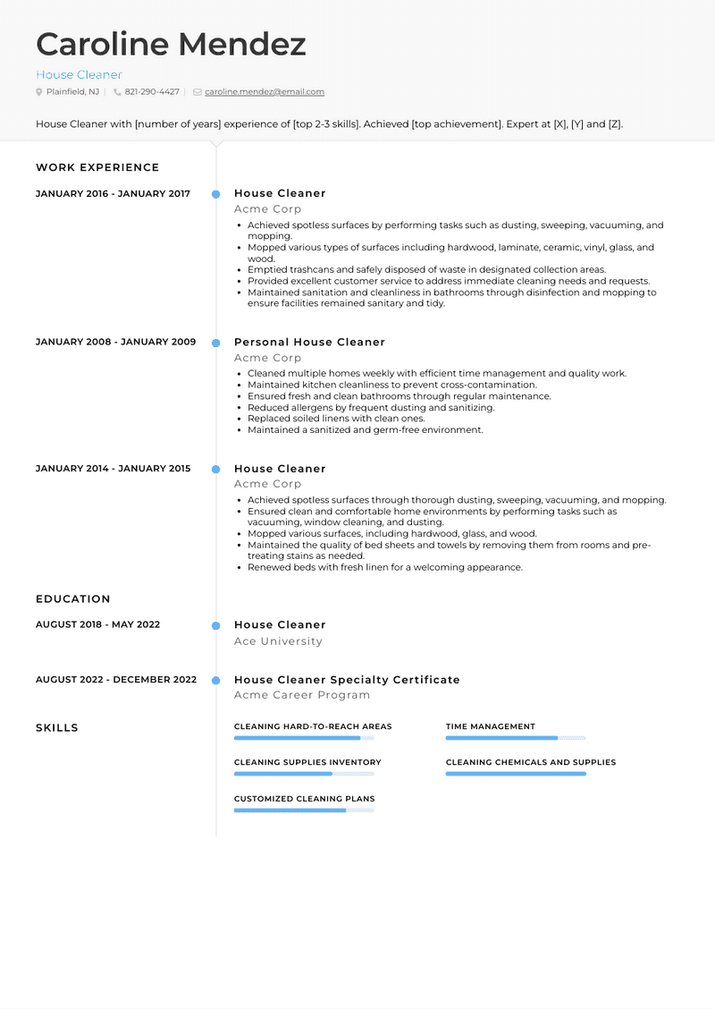 House Cleaner Resume Sample and Template
