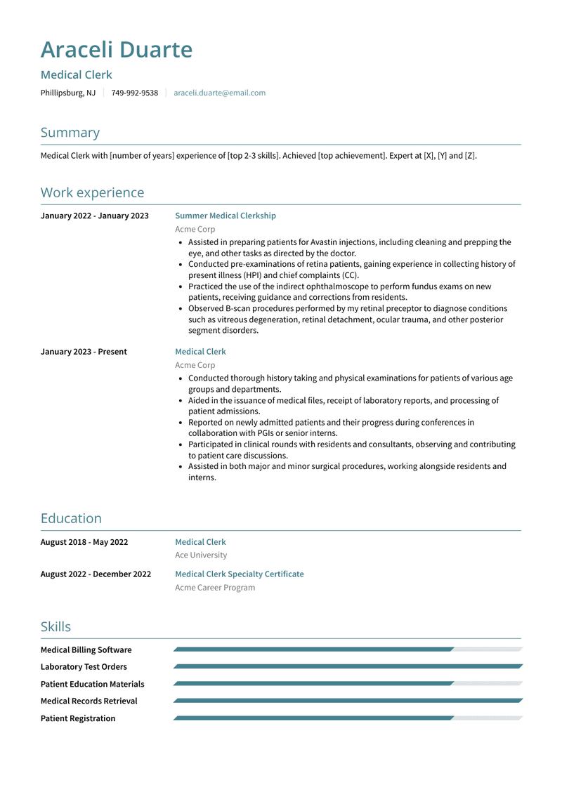 Medical Clerk Resume Sample and Template