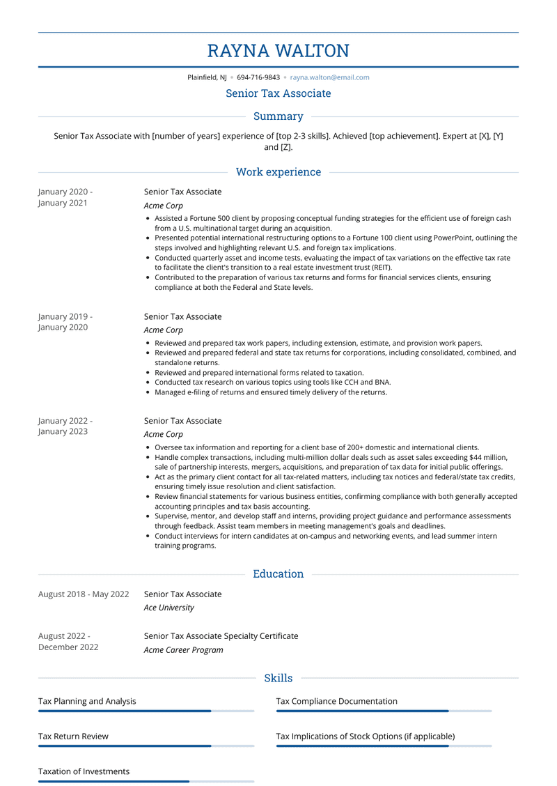 Senior Tax Associate Resume Sample and Template