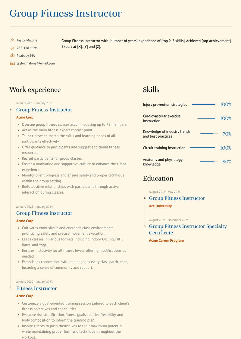 Group Fitness Instructor Resume Sample and Template