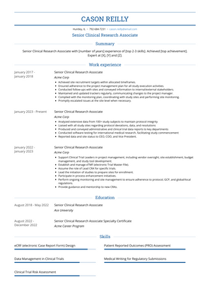 Senior Clinical Research Associate Resume Sample and Template
