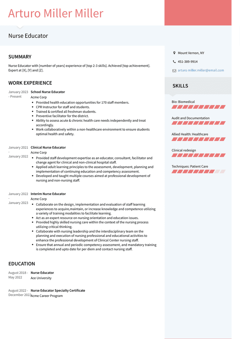 Nurse Educator Resume Sample and Template