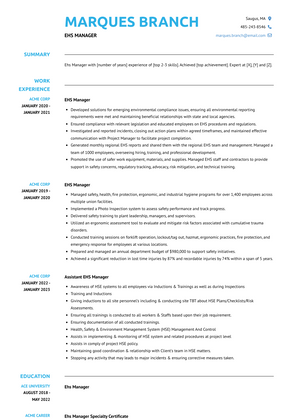 Ehs Manager Resume Sample and Template