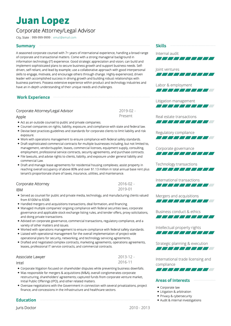 Corporate Attorney/Legal Advisor CV Example and Template