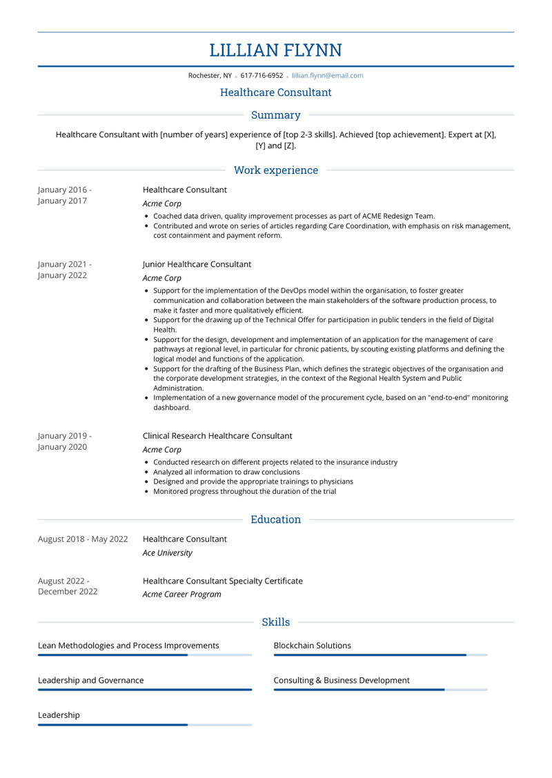 Healthcare Consultant Resume Sample and Template