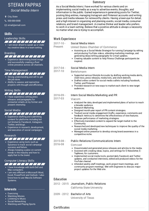 Social Media Intern Resume Sample and Template