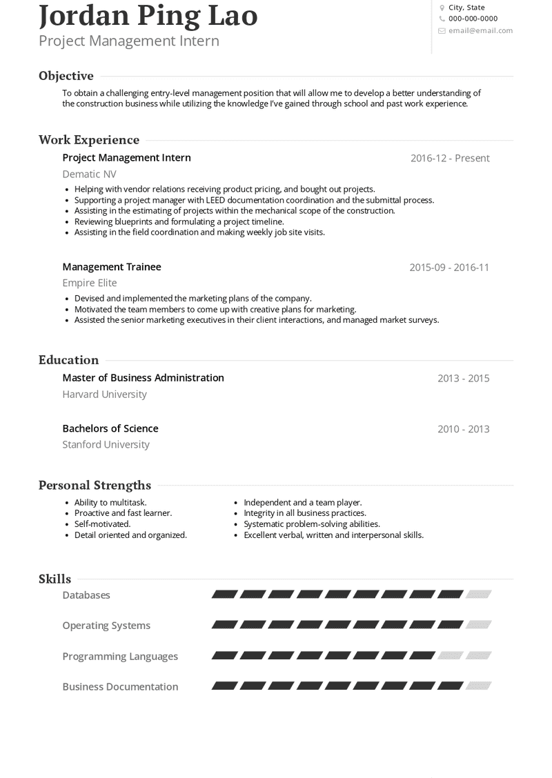 Project Management Intern Resume Sample and Template