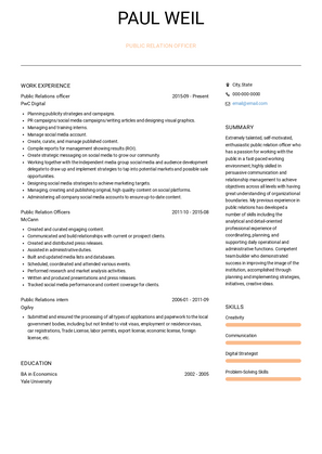 Public Relation Officer Resume Sample and Template