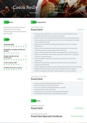 Postal Clerk Resume Sample and Template